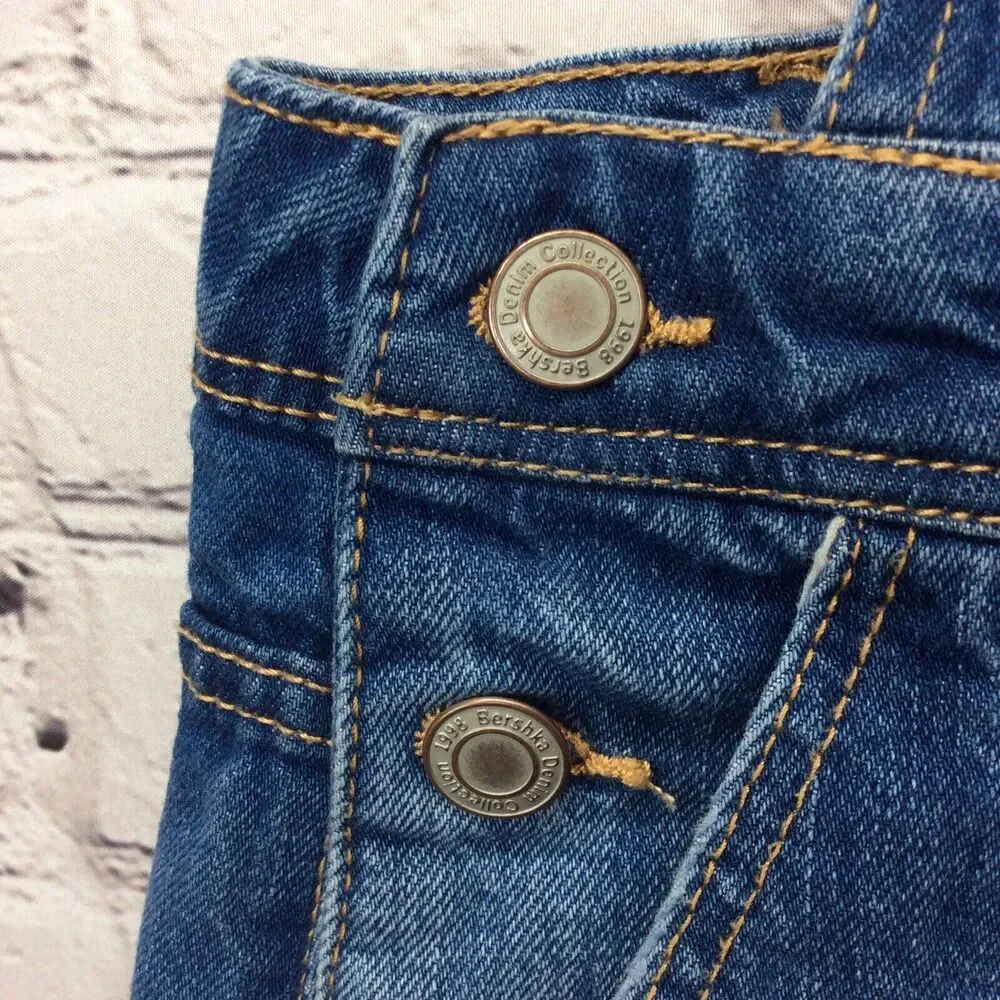 Bershka Denim Bib Shortalls Women's Size L Blue Distressed Cuffed Boho Festival